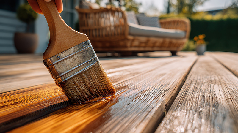 staining deck. woman applying protective varnish on wooden patio