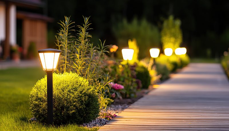 scenic outdoor garden pathway illuminated by decorative lamps su