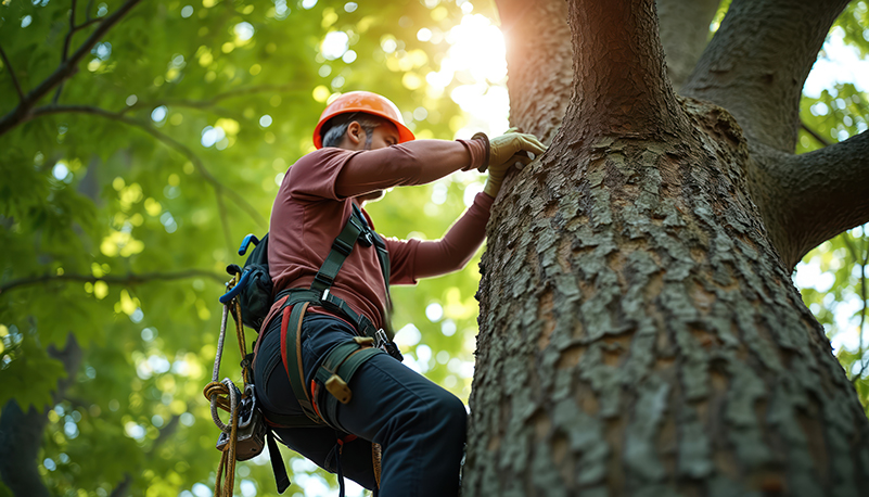 tree surgeon climbs large plant with safety harness and gear for trimming work. man uses tools for branch pruning, ensuring tree health and urban green space management for property.